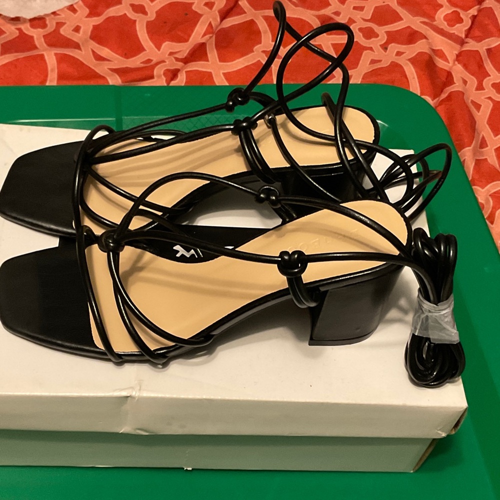 BAMBOO Black Strappy Lace-Up Block Heel Sandals